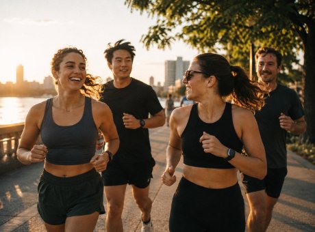 Four friends laughing on a riverside morning run at sunrise.