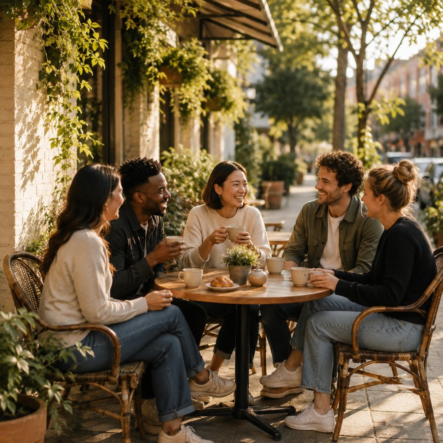 Friends sharing coffee at an outdoor cafe